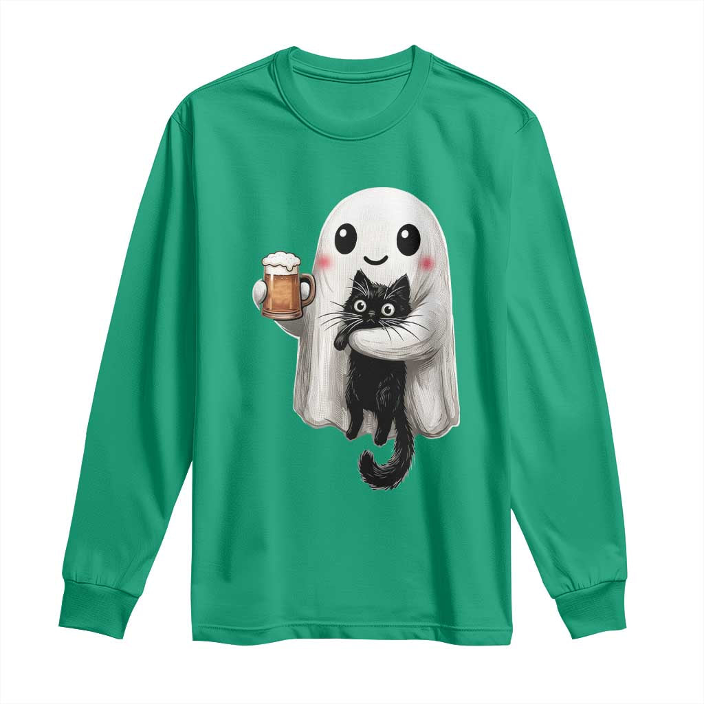 Funny Halloween Long Sleeve Shirt Cute Ghost Holding Black Cat Drinking Beer