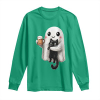 Funny Halloween Long Sleeve Shirt Cute Ghost Holding Black Cat Drinking Beer