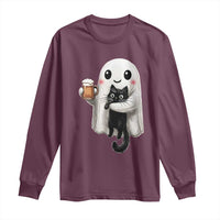 Funny Halloween Long Sleeve Shirt Cute Ghost Holding Black Cat Drinking Beer