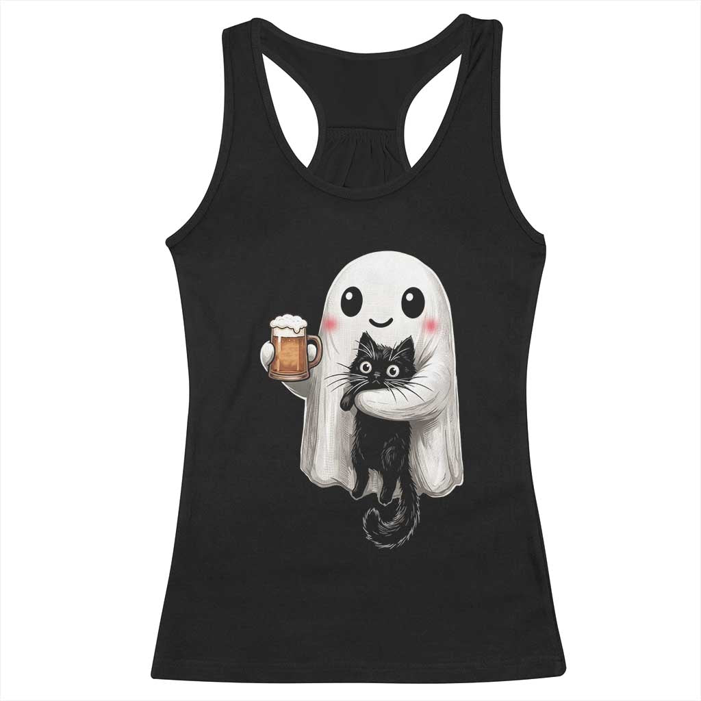 Funny Halloween Racerback Tank Top Cute Ghost Holding Black Cat Drinking Beer