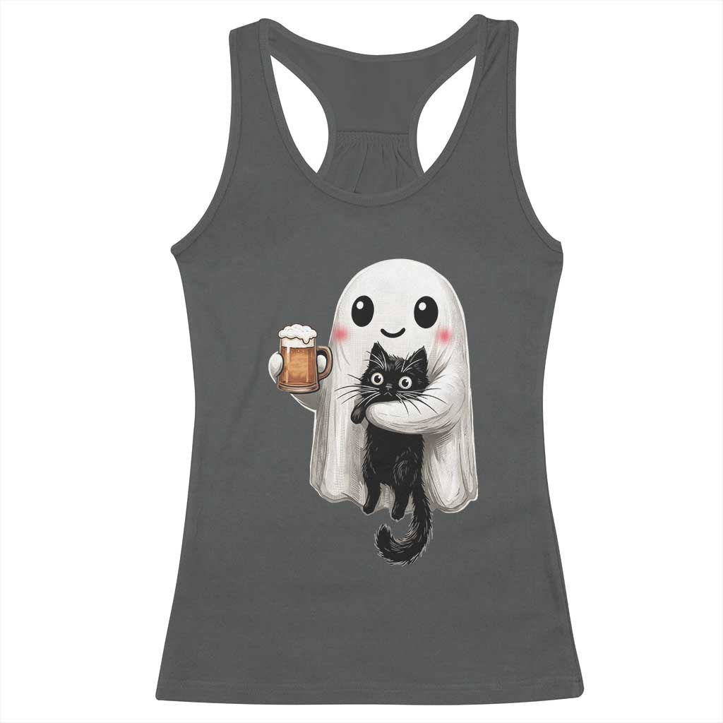 Funny Halloween Racerback Tank Top Cute Ghost Holding Black Cat Drinking Beer