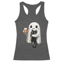 Funny Halloween Racerback Tank Top Cute Ghost Holding Black Cat Drinking Beer