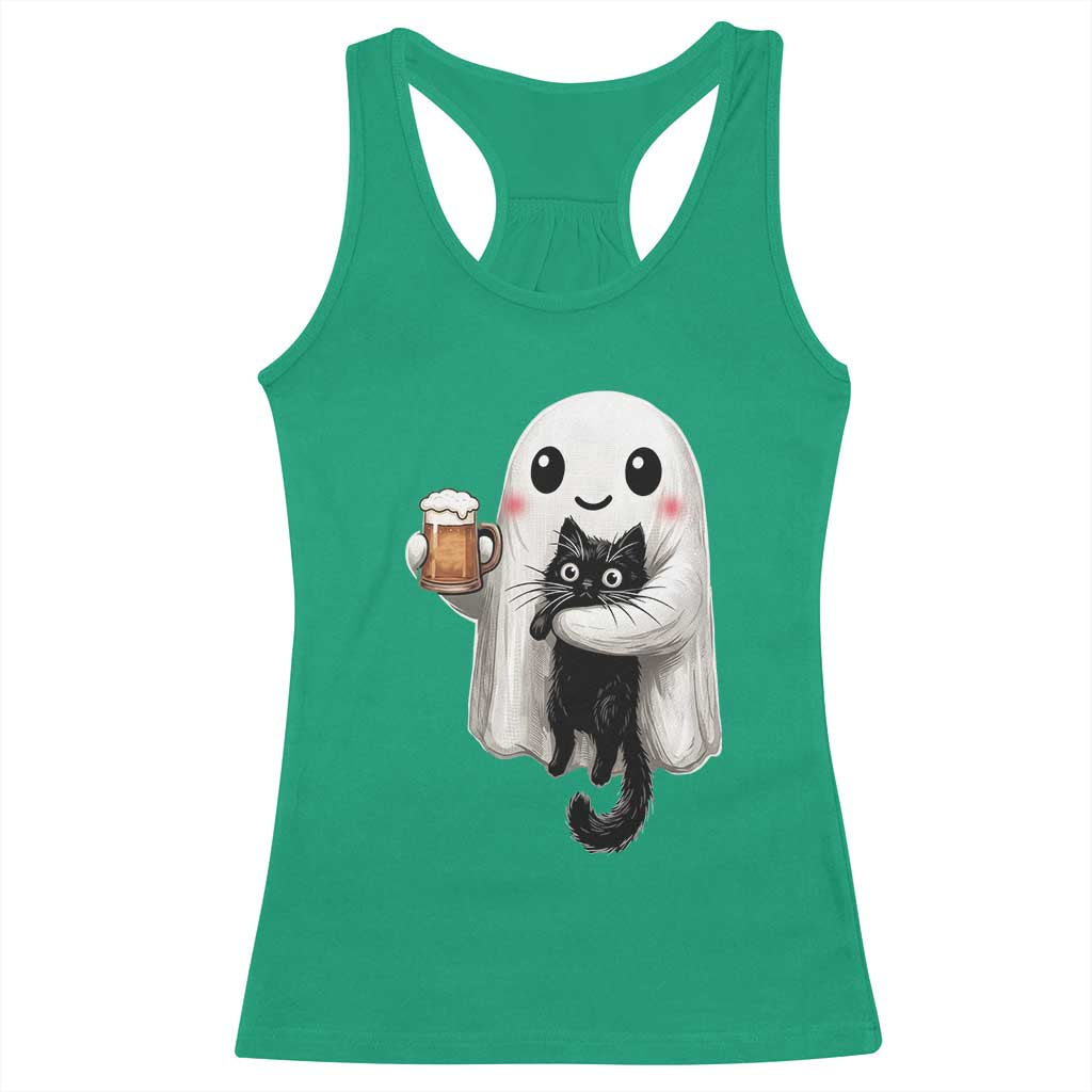 Funny Halloween Racerback Tank Top Cute Ghost Holding Black Cat Drinking Beer
