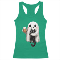 Funny Halloween Racerback Tank Top Cute Ghost Holding Black Cat Drinking Beer