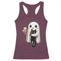 Funny Halloween Racerback Tank Top Cute Ghost Holding Black Cat Drinking Beer