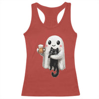 Funny Halloween Racerback Tank Top Cute Ghost Holding Black Cat Drinking Beer