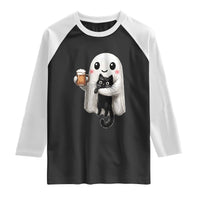 Funny Halloween Raglan Shirt Cute Ghost Holding Black Cat Drinking Beer