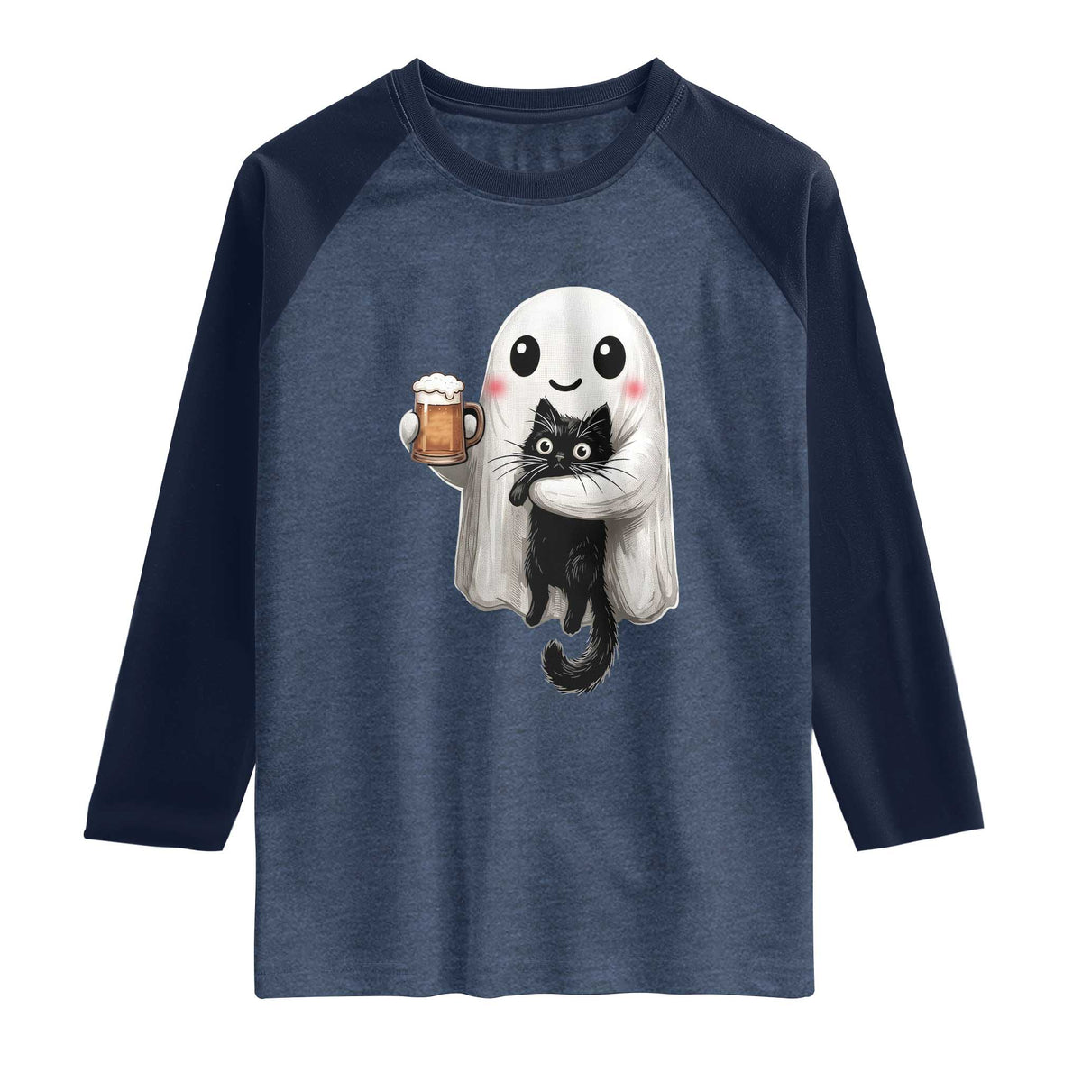 Funny Halloween Raglan Shirt Cute Ghost Holding Black Cat Drinking Beer