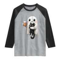 Funny Halloween Raglan Shirt Cute Ghost Holding Black Cat Drinking Beer