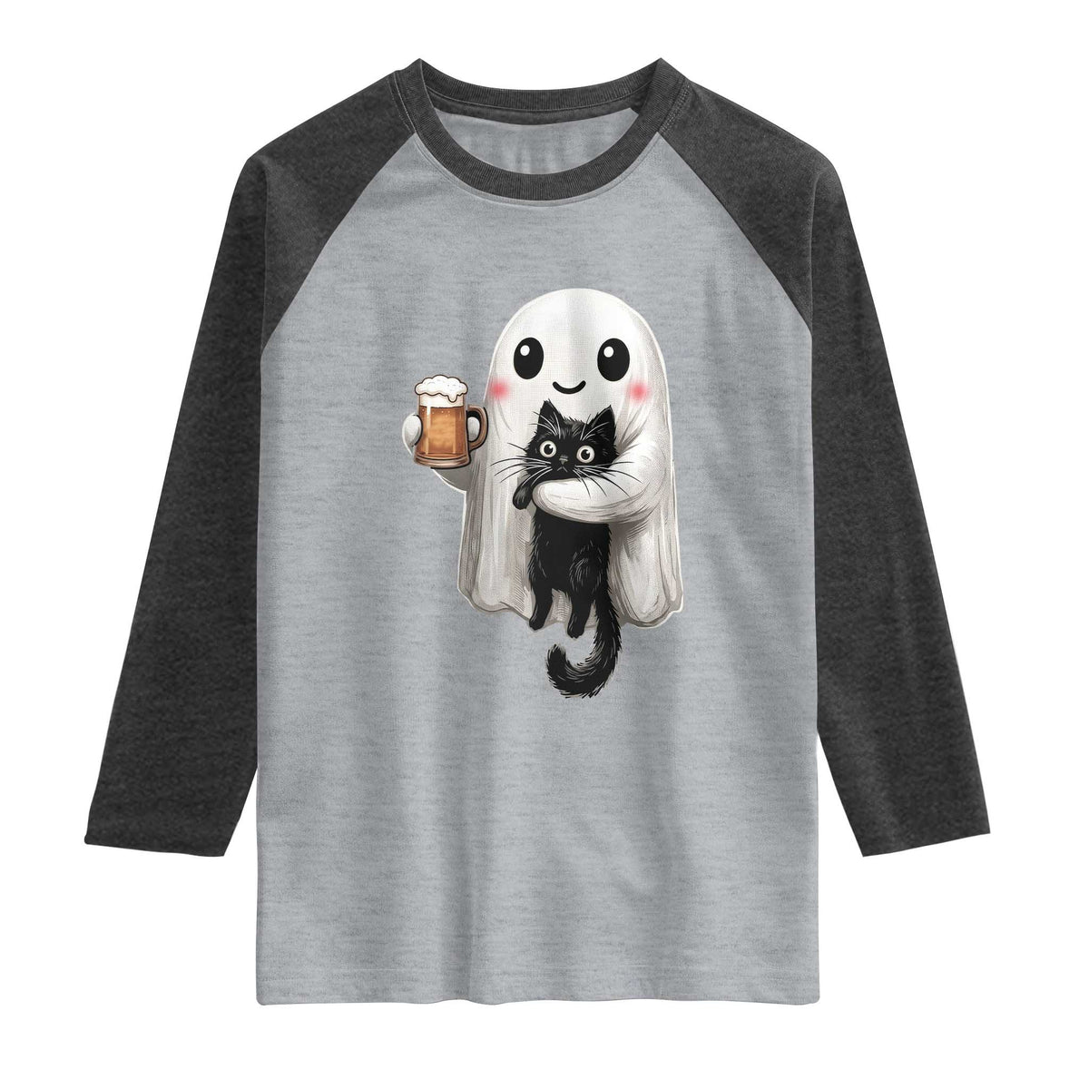 Funny Halloween Raglan Shirt Cute Ghost Holding Black Cat Drinking Beer