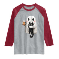 Funny Halloween Raglan Shirt Cute Ghost Holding Black Cat Drinking Beer