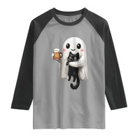 Funny Halloween Raglan Shirt Cute Ghost Holding Black Cat Drinking Beer