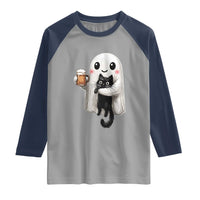 Funny Halloween Raglan Shirt Cute Ghost Holding Black Cat Drinking Beer