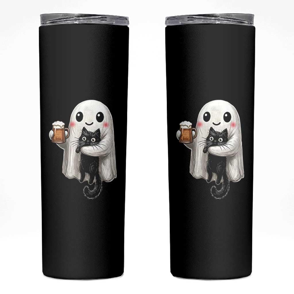 Funny Halloween Skinny Tumbler Cute Ghost Holding Black Cat Drinking Beer