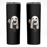 Funny Halloween Skinny Tumbler Cute Ghost Holding Black Cat Drinking Beer