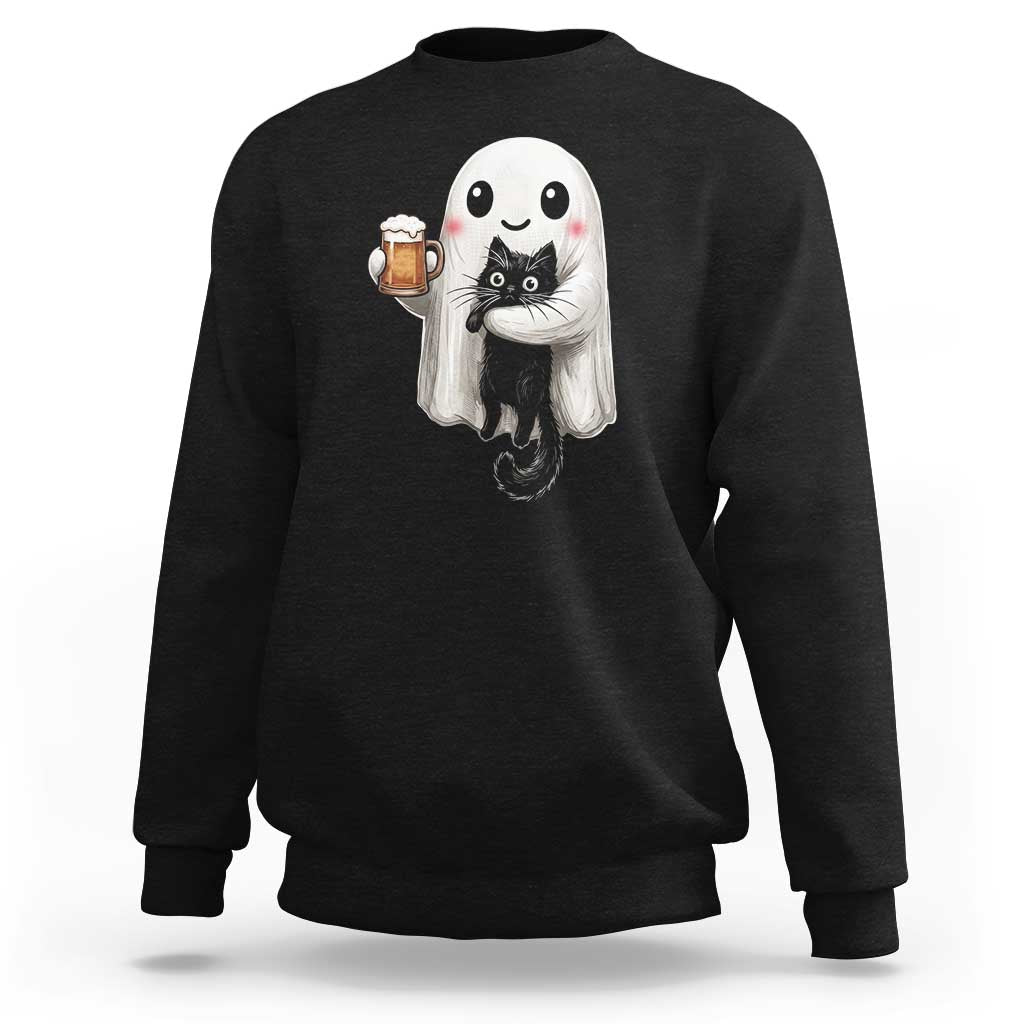 Funny Halloween Sweatshirt Cute Ghost Holding Black Cat Drinking Beer