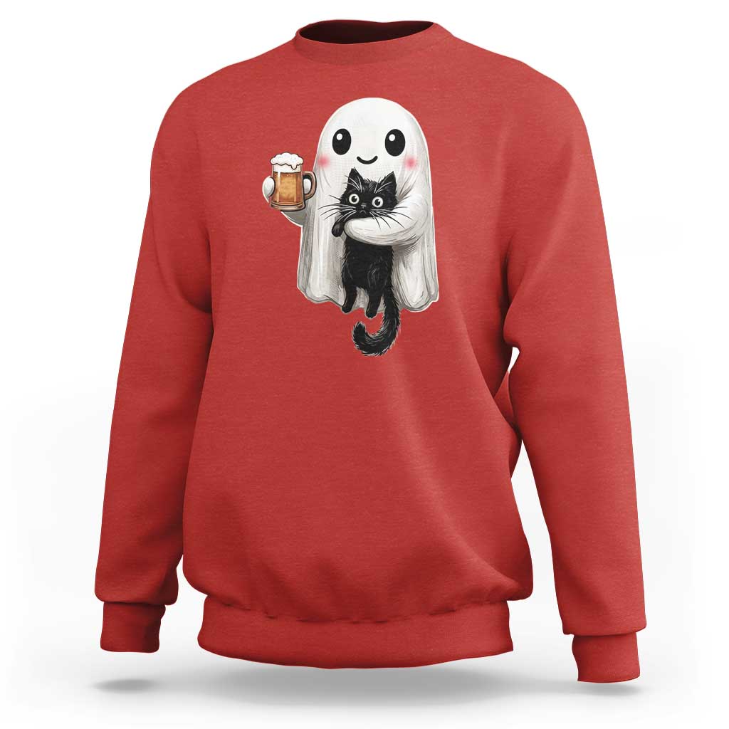 Funny Halloween Sweatshirt Cute Ghost Holding Black Cat Drinking Beer