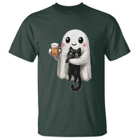 Funny Halloween T Shirt Cute Ghost Holding Black Cat Drinking Beer
