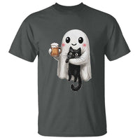 Funny Halloween T Shirt Cute Ghost Holding Black Cat Drinking Beer