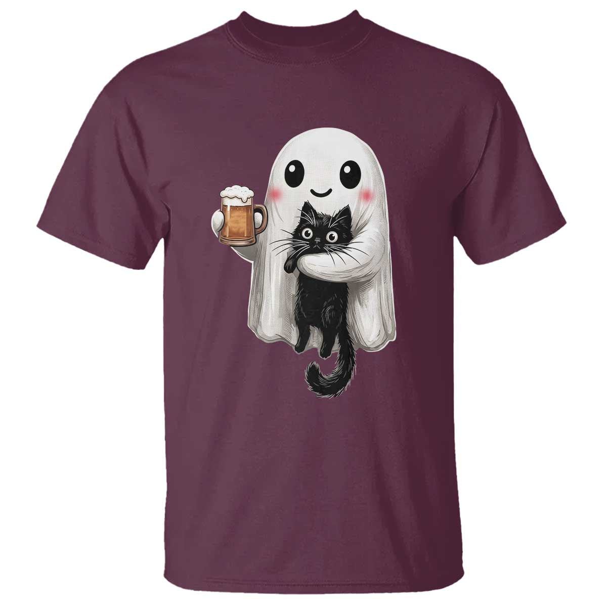 Funny Halloween T Shirt Cute Ghost Holding Black Cat Drinking Beer