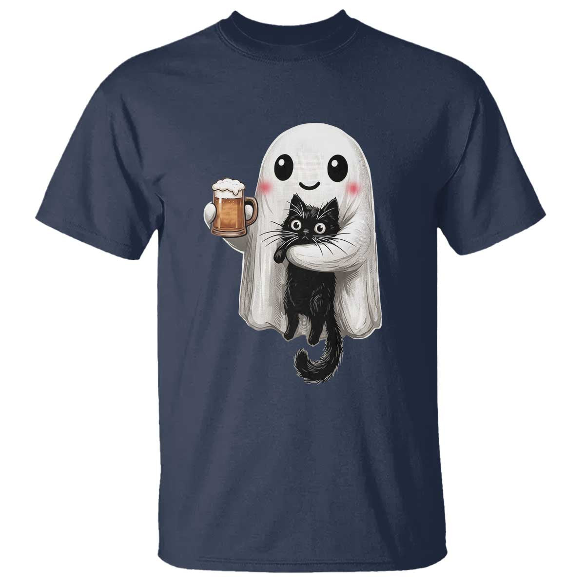 Funny Halloween T Shirt Cute Ghost Holding Black Cat Drinking Beer
