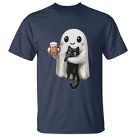 Funny Halloween T Shirt Cute Ghost Holding Black Cat Drinking Beer