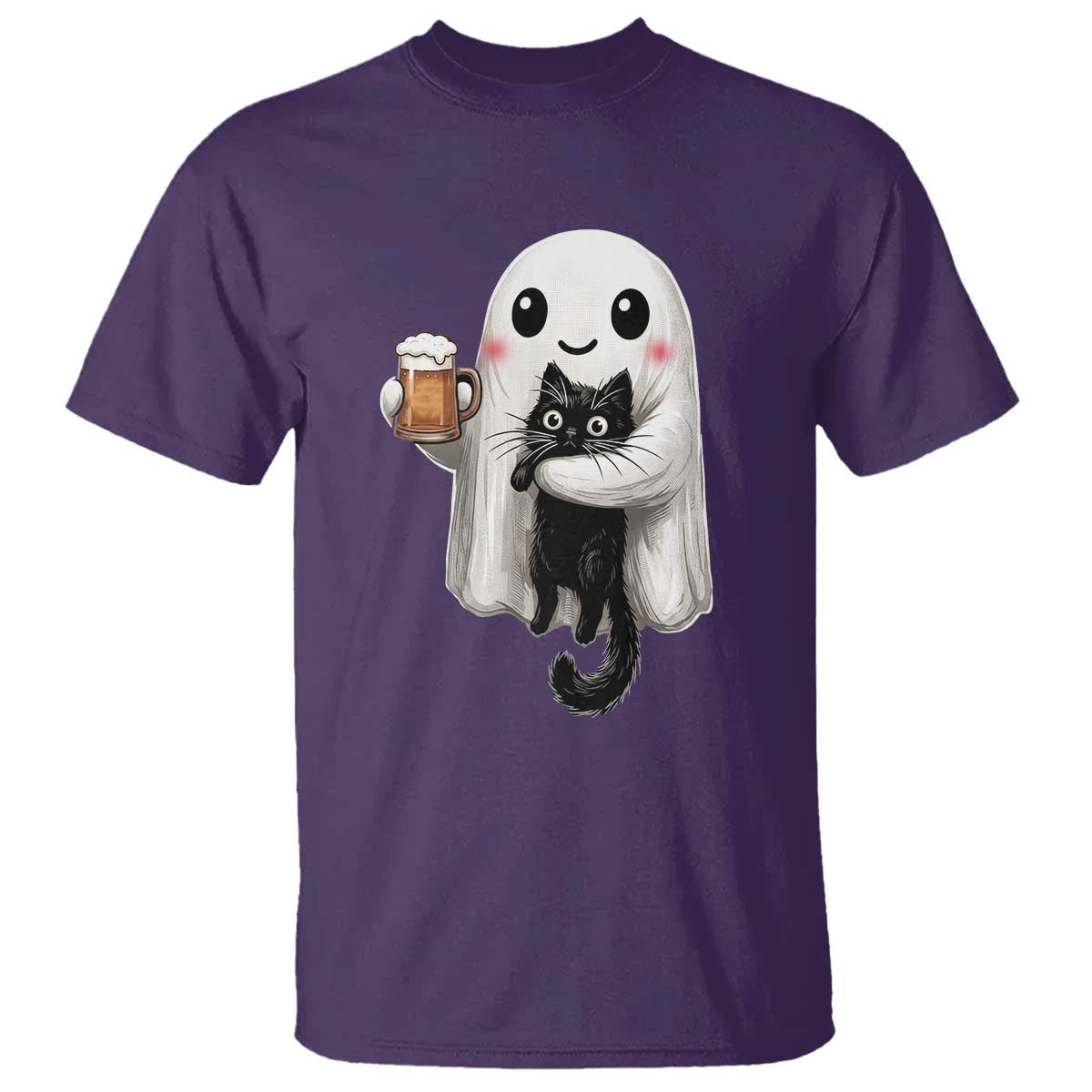 Funny Halloween T Shirt Cute Ghost Holding Black Cat Drinking Beer