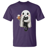 Funny Halloween T Shirt Cute Ghost Holding Black Cat Drinking Beer