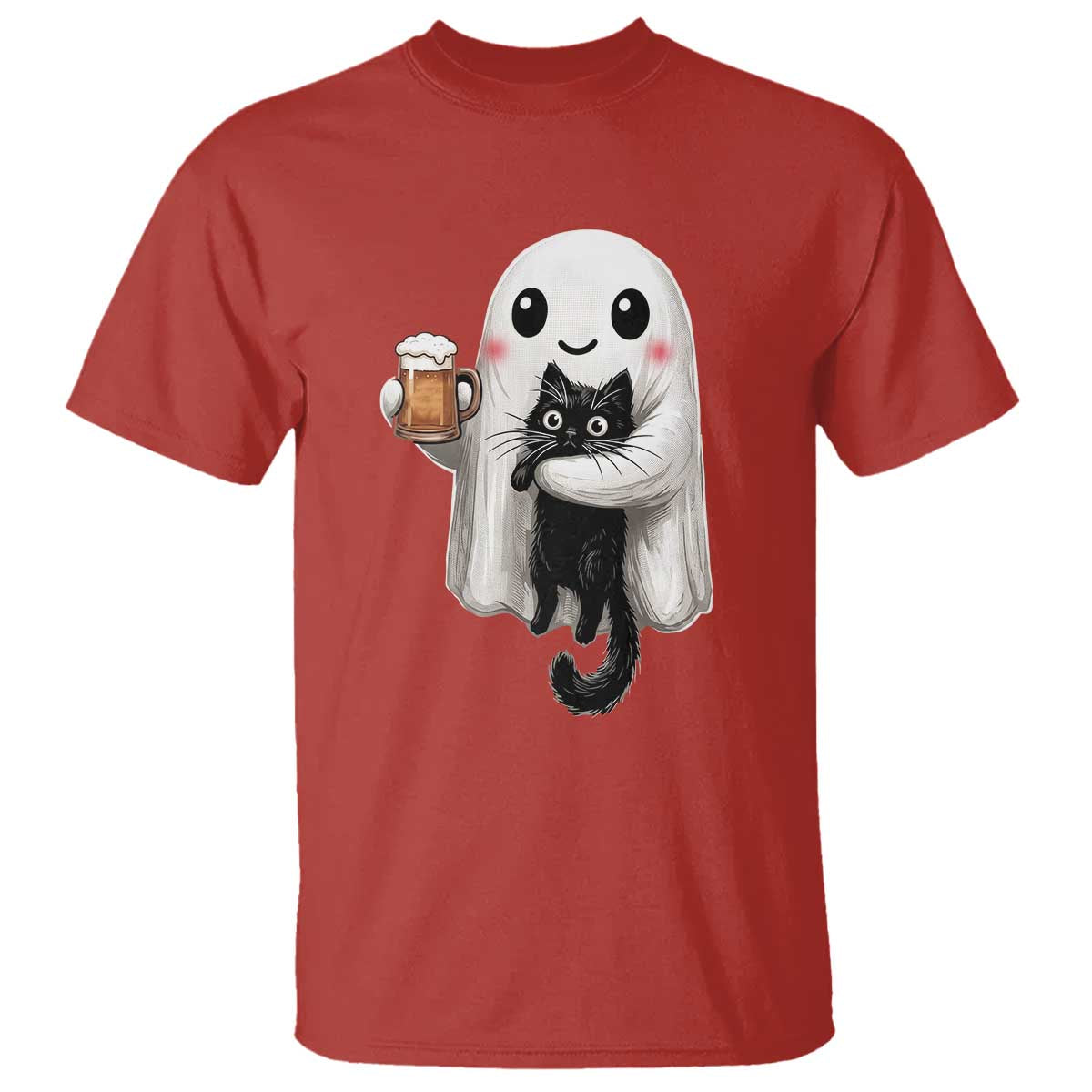 Funny Halloween T Shirt Cute Ghost Holding Black Cat Drinking Beer