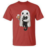 Funny Halloween T Shirt Cute Ghost Holding Black Cat Drinking Beer