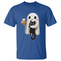 Funny Halloween T Shirt Cute Ghost Holding Black Cat Drinking Beer