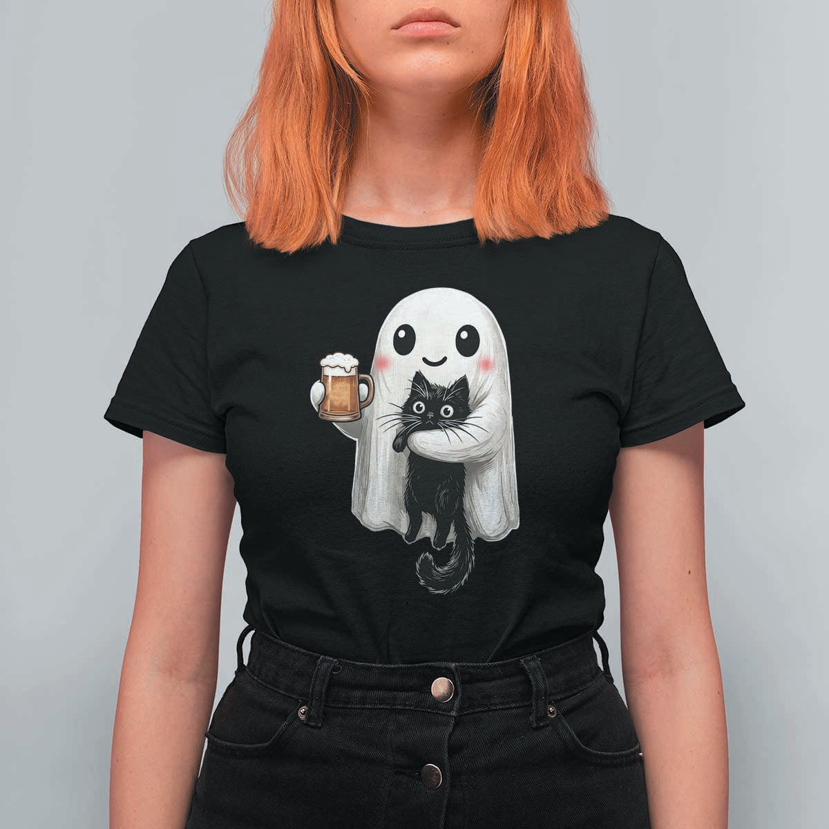 Funny Halloween T Shirt For Women Cute Ghost Holding Black Cat Drinking Beer