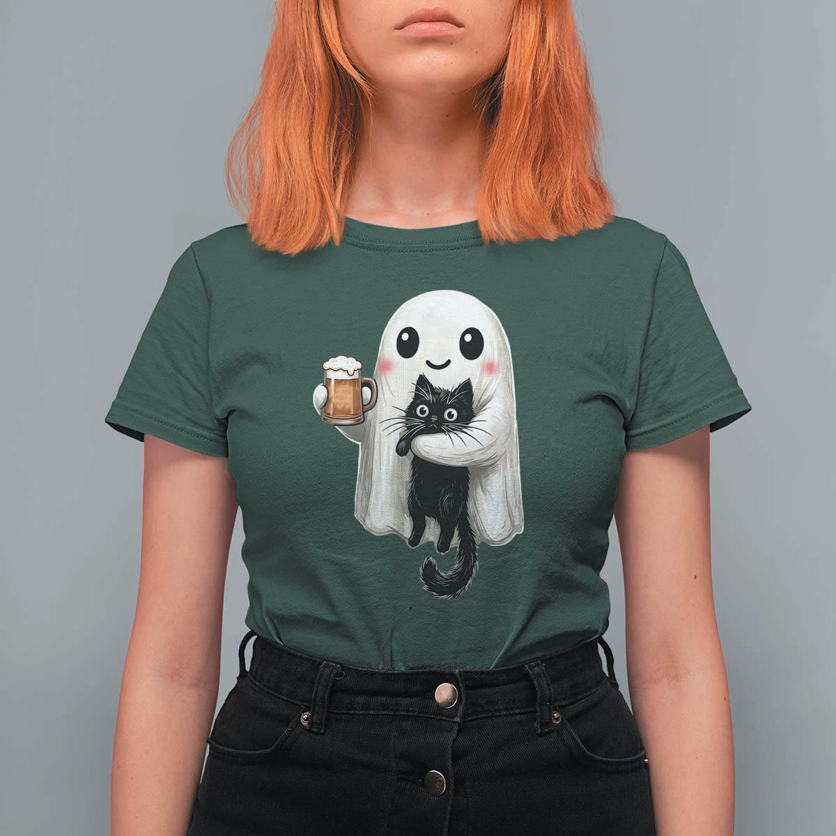 Funny Halloween T Shirt For Women Cute Ghost Holding Black Cat Drinking Beer