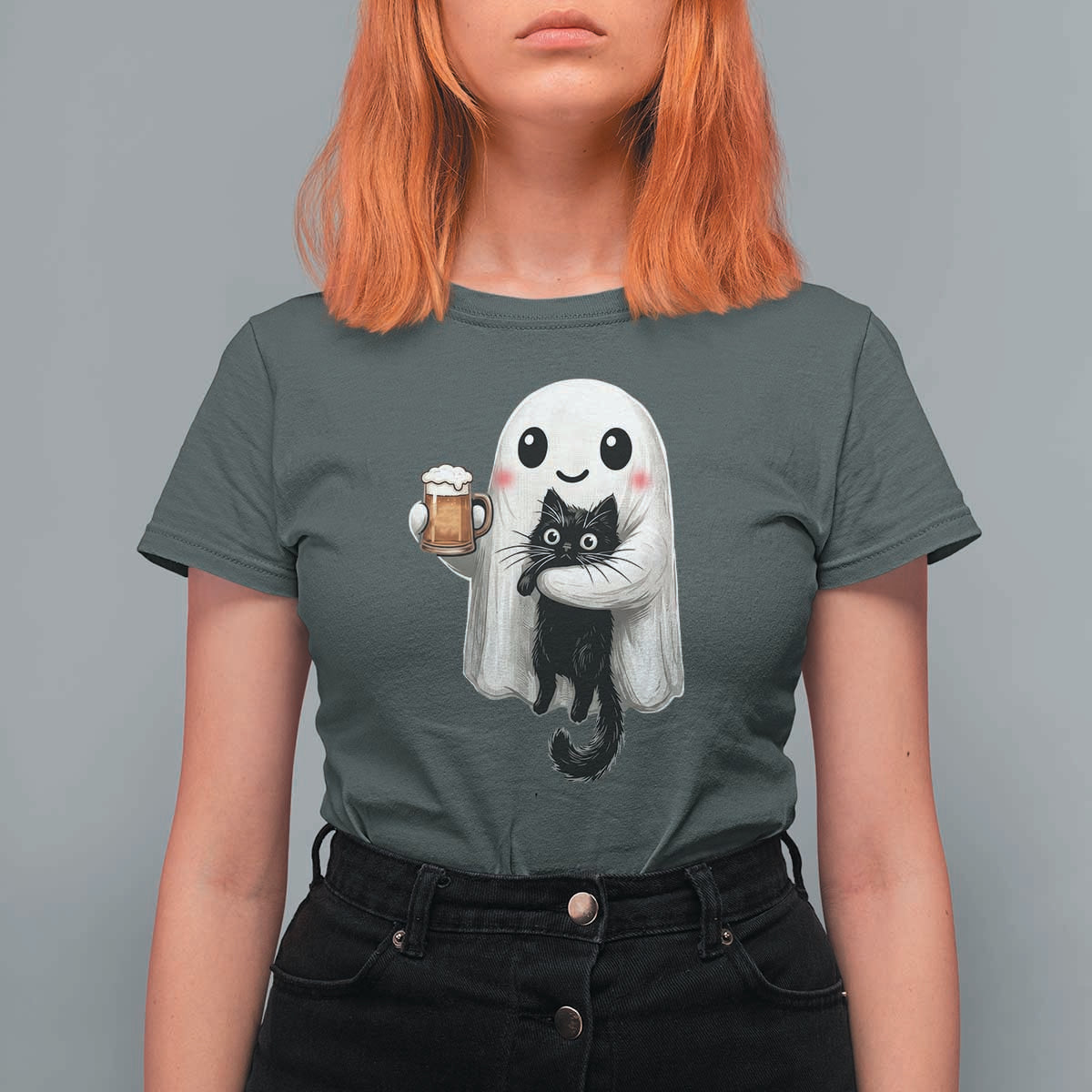 Funny Halloween T Shirt For Women Cute Ghost Holding Black Cat Drinking Beer