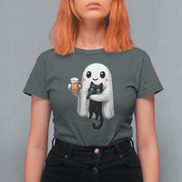 Funny Halloween T Shirt For Women Cute Ghost Holding Black Cat Drinking Beer