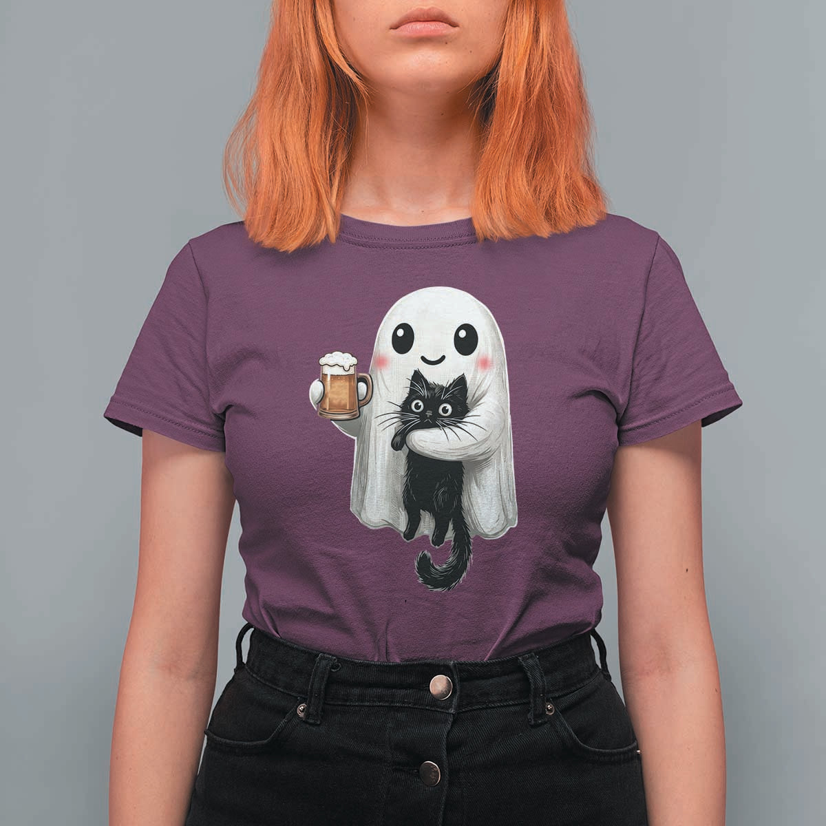 Funny Halloween T Shirt For Women Cute Ghost Holding Black Cat Drinking Beer