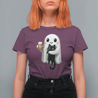 Funny Halloween T Shirt For Women Cute Ghost Holding Black Cat Drinking Beer