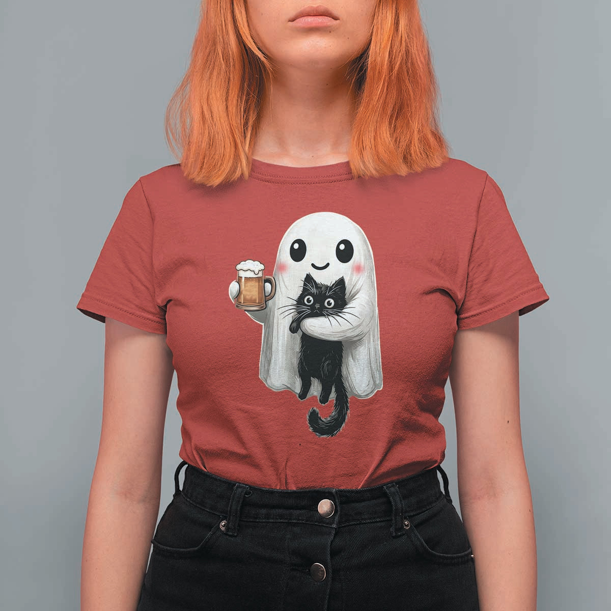 Funny Halloween T Shirt For Women Cute Ghost Holding Black Cat Drinking Beer