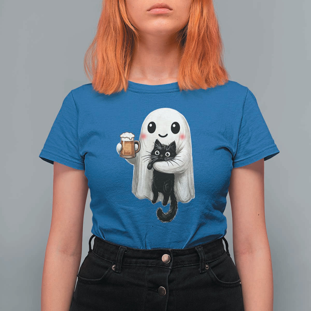 Funny Halloween T Shirt For Women Cute Ghost Holding Black Cat Drinking Beer
