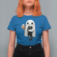 Funny Halloween T Shirt For Women Cute Ghost Holding Black Cat Drinking Beer
