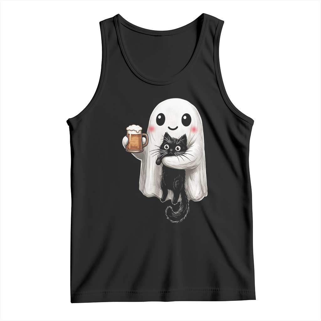 Funny Halloween Tank Top Cute Ghost Holding Black Cat Drinking Beer