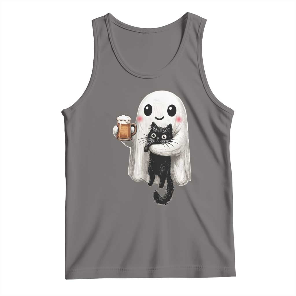 Funny Halloween Tank Top Cute Ghost Holding Black Cat Drinking Beer