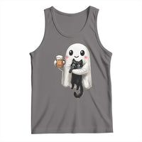 Funny Halloween Tank Top Cute Ghost Holding Black Cat Drinking Beer