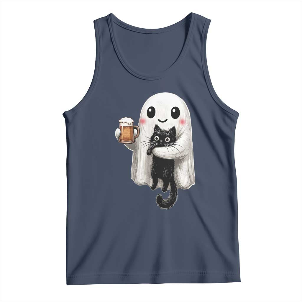 Funny Halloween Tank Top Cute Ghost Holding Black Cat Drinking Beer