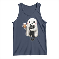Funny Halloween Tank Top Cute Ghost Holding Black Cat Drinking Beer