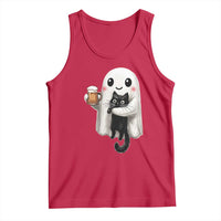 Funny Halloween Tank Top Cute Ghost Holding Black Cat Drinking Beer