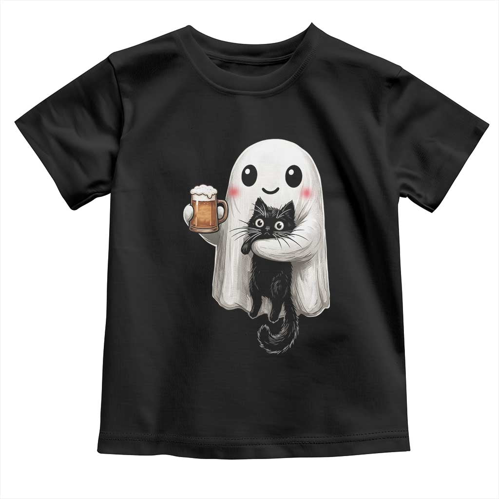 Funny Halloween Toddler T Shirt Cute Ghost Holding Black Cat Drinking Beer