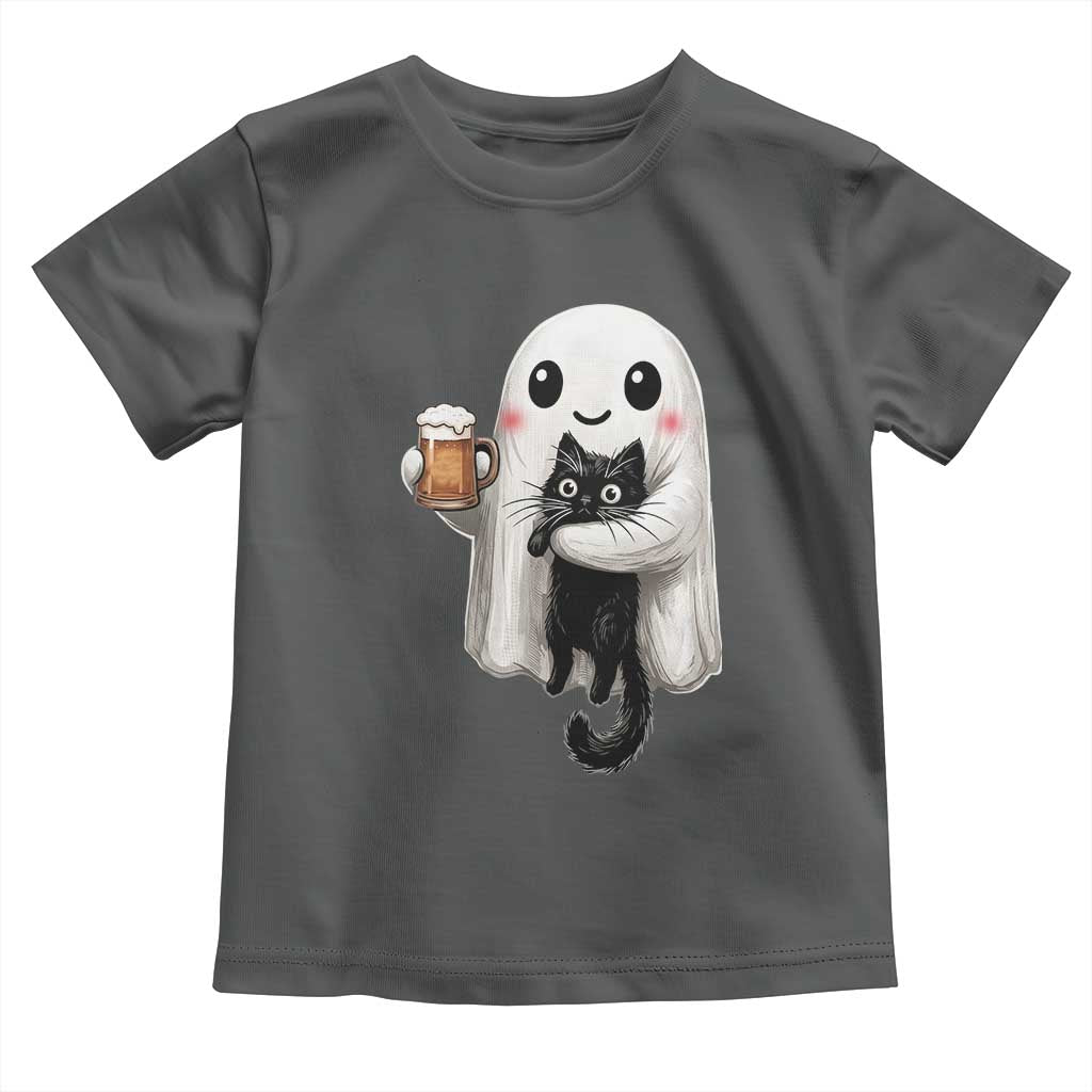 Funny Halloween Toddler T Shirt Cute Ghost Holding Black Cat Drinking Beer