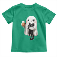Funny Halloween Toddler T Shirt Cute Ghost Holding Black Cat Drinking Beer