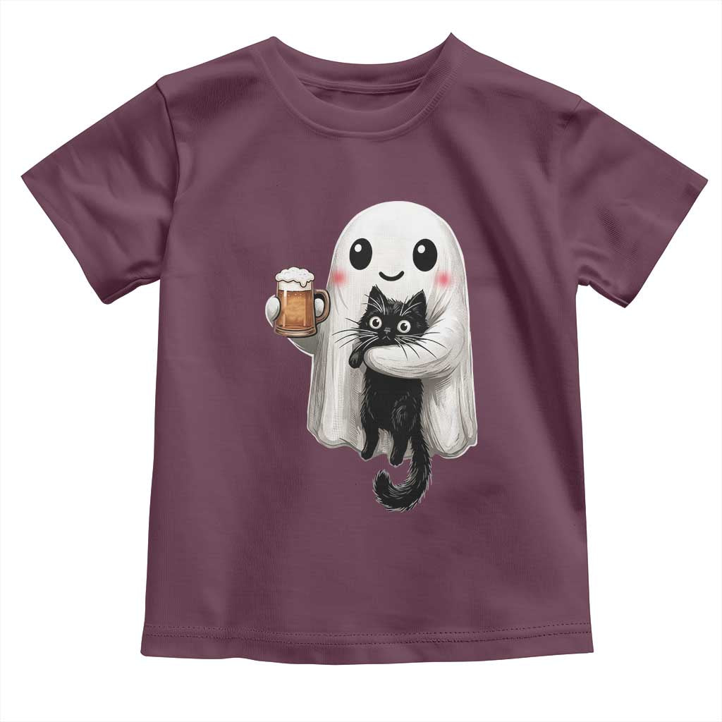 Funny Halloween Toddler T Shirt Cute Ghost Holding Black Cat Drinking Beer
